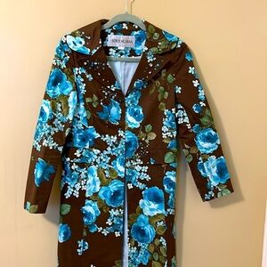 Son Jung Wan Vintage Floral Embellished Cotton Coat Brown Turquoise Blue Size XS